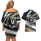 Collingwood Magpies Australian Football Couples Matching Off Shoulder Short Dress and Hawaiian Shirt Iconic Bird Mascot With Indigenous Pattern Art