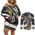 Collingwood Magpies Australian Football Couples Matching Off Shoulder Short Dress and Long Sleeve Button Shirt Iconic Bird Mascot With Indigenous Pattern Art