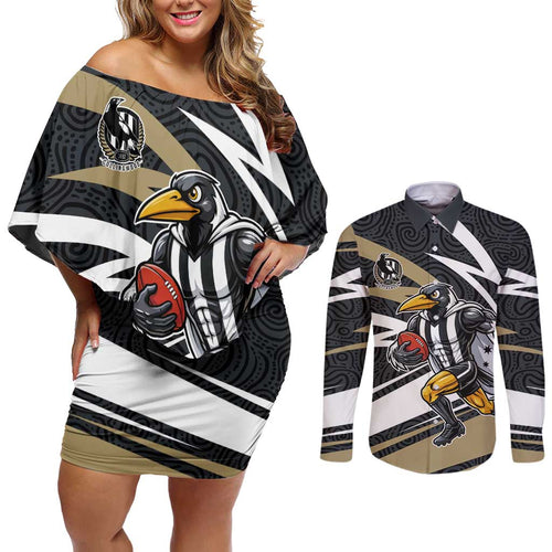 Collingwood Magpies Australian Football Couples Matching Off Shoulder Short Dress and Long Sleeve Button Shirt Iconic Bird Mascot With Indigenous Pattern Art