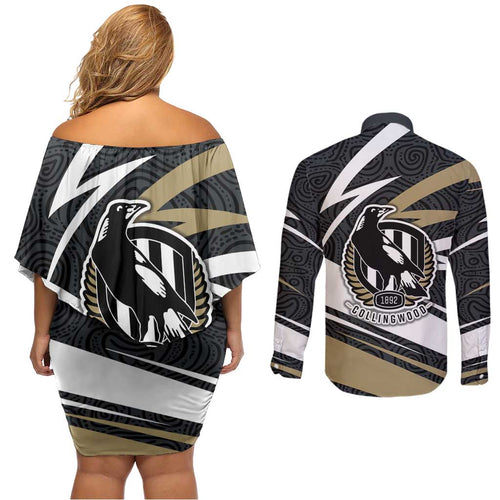 Collingwood Magpies Australian Football Couples Matching Off Shoulder Short Dress and Long Sleeve Button Shirt Iconic Bird Mascot With Indigenous Pattern Art
