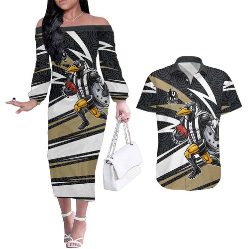 Collingwood Magpies Australian Football Couples Matching Off The Shoulder Long Sleeve Dress and Hawaiian Shirt Iconic Bird Mascot With Indigenous Pattern Art