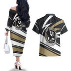 Collingwood Magpies Australian Football Couples Matching Off The Shoulder Long Sleeve Dress and Hawaiian Shirt Iconic Bird Mascot With Indigenous Pattern Art