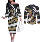 Collingwood Magpies Australian Football Couples Matching Off The Shoulder Long Sleeve Dress and Long Sleeve Button Shirt Iconic Bird Mascot With Indigenous Pattern Art