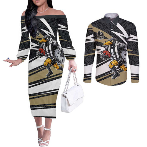 Collingwood Magpies Australian Football Couples Matching Off The Shoulder Long Sleeve Dress and Long Sleeve Button Shirt Iconic Bird Mascot With Indigenous Pattern Art