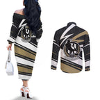 Collingwood Magpies Australian Football Couples Matching Off The Shoulder Long Sleeve Dress and Long Sleeve Button Shirt Iconic Bird Mascot With Indigenous Pattern Art