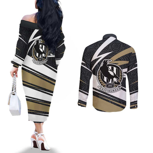 Collingwood Magpies Australian Football Couples Matching Off The Shoulder Long Sleeve Dress and Long Sleeve Button Shirt Iconic Bird Mascot With Indigenous Pattern Art