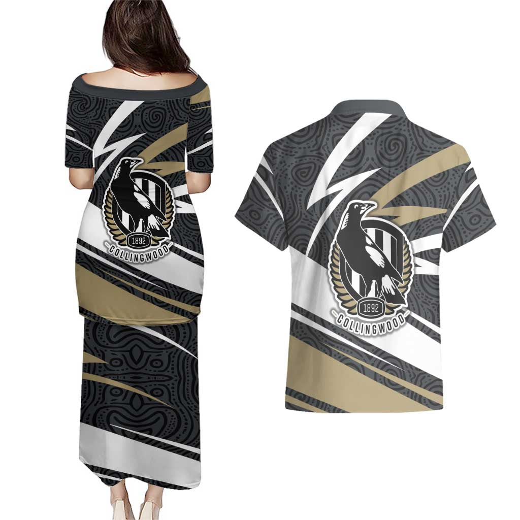 Collingwood Magpies Australian Football Couples Matching Puletasi and Hawaiian Shirt Iconic Bird Mascot With Indigenous Pattern Art