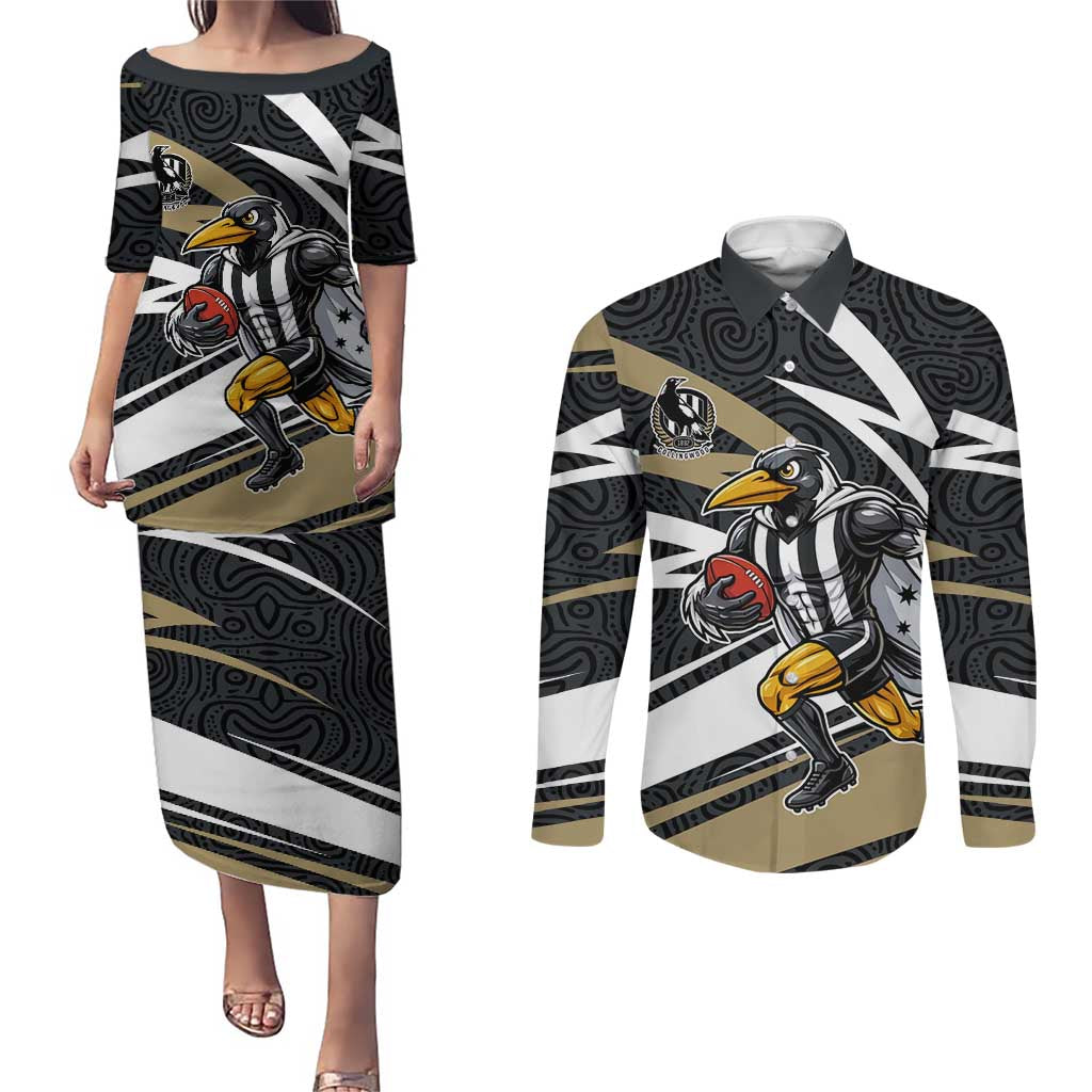 Collingwood Magpies Australian Football Couples Matching Puletasi and Long Sleeve Button Shirt Iconic Bird Mascot With Indigenous Pattern Art