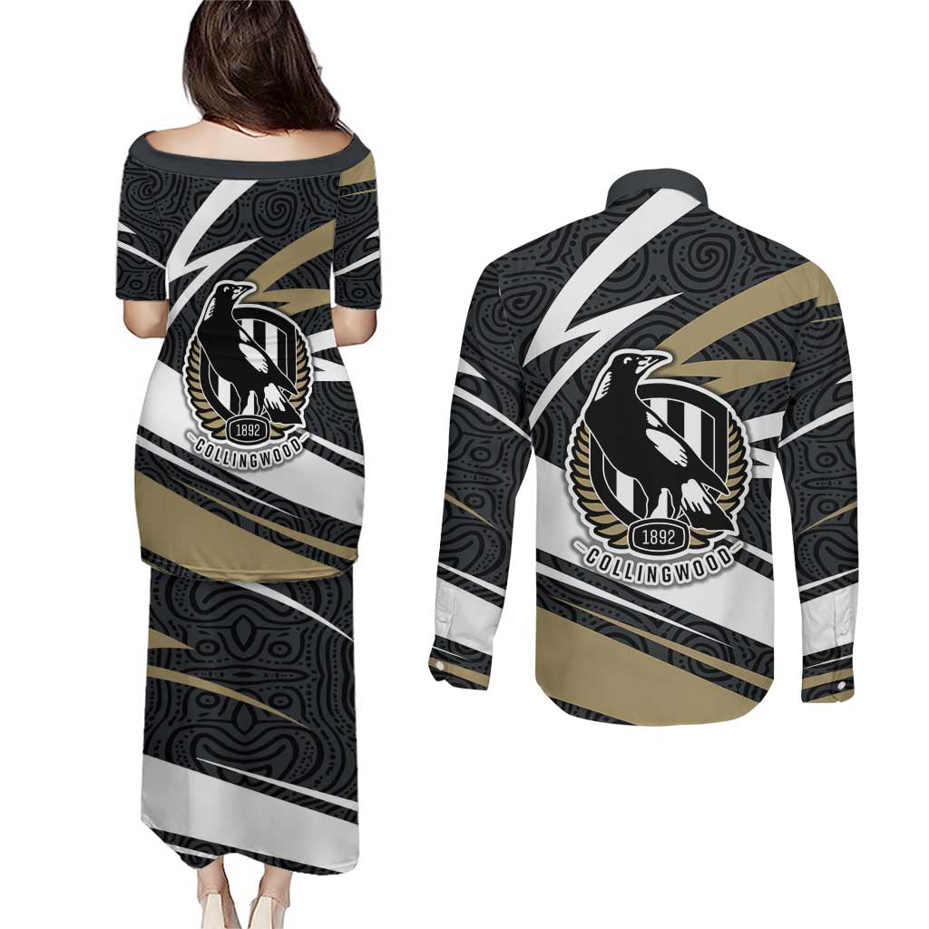 Collingwood Magpies Australian Football Couples Matching Puletasi and Long Sleeve Button Shirt Iconic Bird Mascot With Indigenous Pattern Art