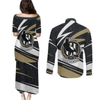 Collingwood Magpies Australian Football Couples Matching Puletasi and Long Sleeve Button Shirt Iconic Bird Mascot With Indigenous Pattern Art
