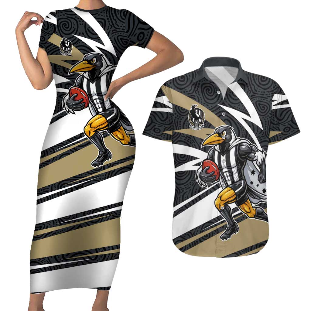Collingwood Magpies Australian Football Couples Matching Short Sleeve Bodycon Dress and Hawaiian Shirt Iconic Bird Mascot With Indigenous Pattern Art
