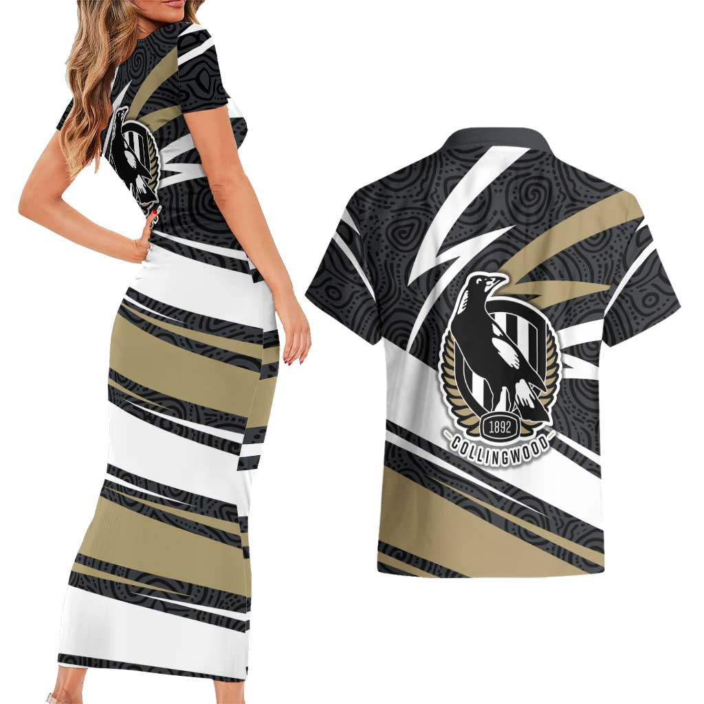 Collingwood Magpies Australian Football Couples Matching Short Sleeve Bodycon Dress and Hawaiian Shirt Iconic Bird Mascot With Indigenous Pattern Art