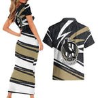 Collingwood Magpies Australian Football Couples Matching Short Sleeve Bodycon Dress and Hawaiian Shirt Iconic Bird Mascot With Indigenous Pattern Art