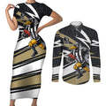Collingwood Magpies Australian Football Couples Matching Short Sleeve Bodycon Dress and Long Sleeve Button Shirt Iconic Bird Mascot With Indigenous Pattern Art