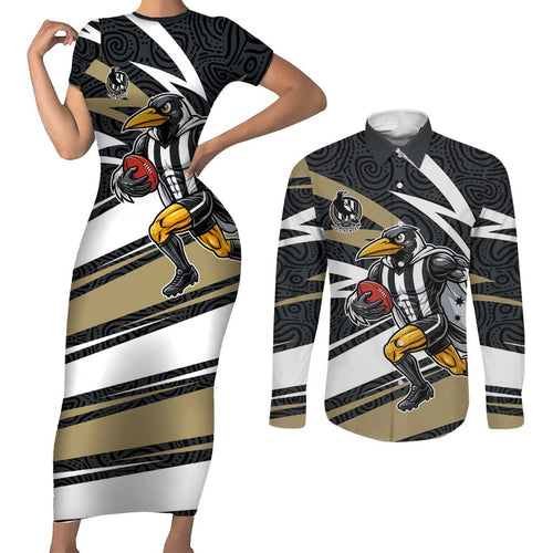 Collingwood Magpies Australian Football Couples Matching Short Sleeve Bodycon Dress and Long Sleeve Button Shirt Iconic Bird Mascot With Indigenous Pattern Art