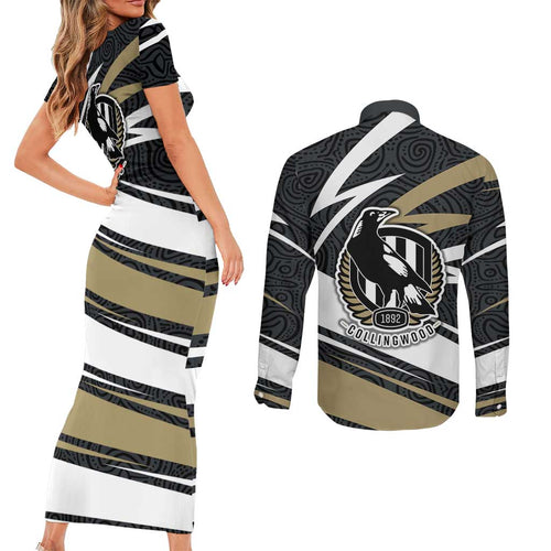 Collingwood Magpies Australian Football Couples Matching Short Sleeve Bodycon Dress and Long Sleeve Button Shirt Iconic Bird Mascot With Indigenous Pattern Art
