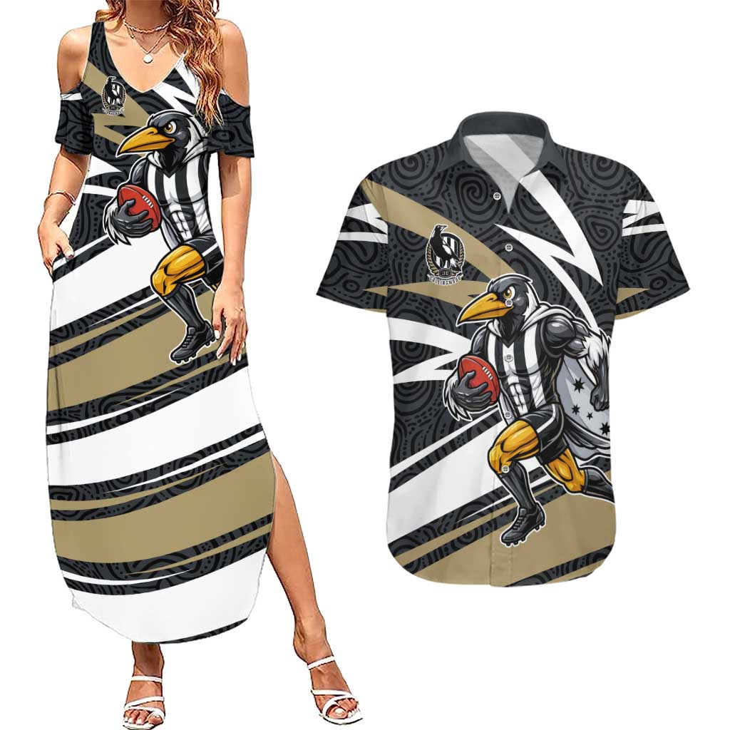Collingwood Magpies Australian Football Couples Matching Summer Maxi Dress and Hawaiian Shirt Iconic Bird Mascot With Indigenous Pattern Art
