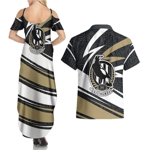 Collingwood Magpies Australian Football Couples Matching Summer Maxi Dress and Hawaiian Shirt Iconic Bird Mascot With Indigenous Pattern Art