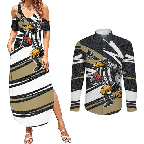 Collingwood Magpies Australian Football Couples Matching Summer Maxi Dress and Long Sleeve Button Shirt Iconic Bird Mascot With Indigenous Pattern Art