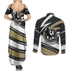 Collingwood Magpies Australian Football Couples Matching Summer Maxi Dress and Long Sleeve Button Shirt Iconic Bird Mascot With Indigenous Pattern Art
