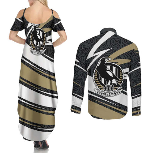 Collingwood Magpies Australian Football Couples Matching Summer Maxi Dress and Long Sleeve Button Shirt Iconic Bird Mascot With Indigenous Pattern Art