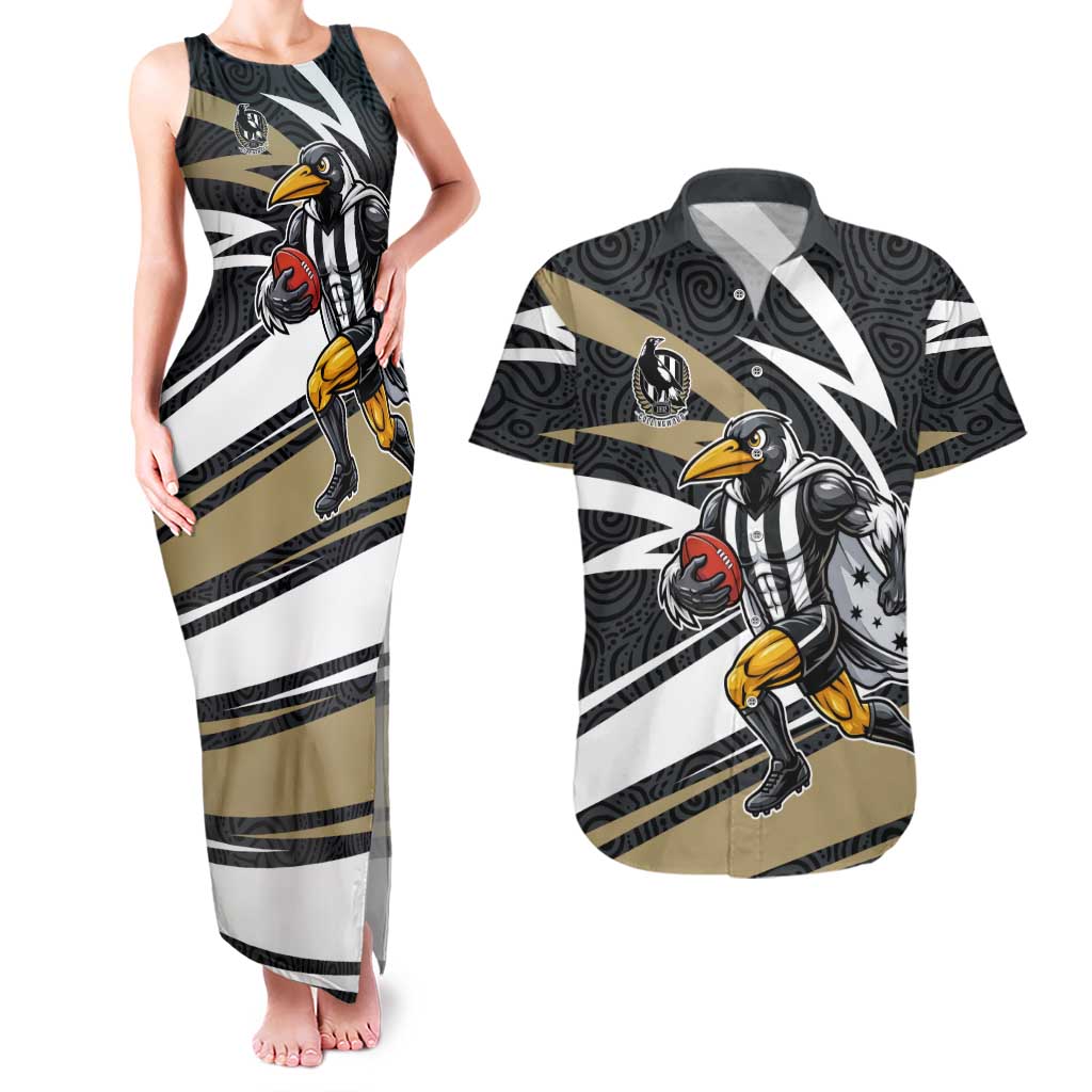 Collingwood Magpies Australian Football Couples Matching Tank Maxi Dress and Hawaiian Shirt Iconic Bird Mascot With Indigenous Pattern Art