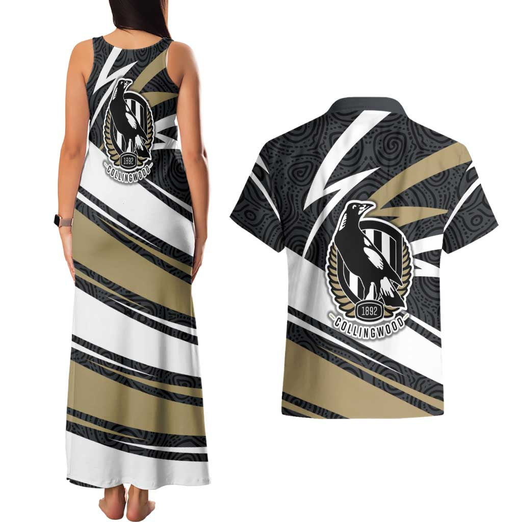 Collingwood Magpies Australian Football Couples Matching Tank Maxi Dress and Hawaiian Shirt Iconic Bird Mascot With Indigenous Pattern Art