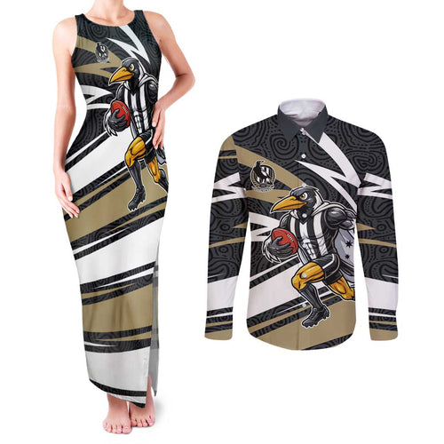Collingwood Magpies Australian Football Couples Matching Tank Maxi Dress and Long Sleeve Button Shirt Iconic Bird Mascot With Indigenous Pattern Art