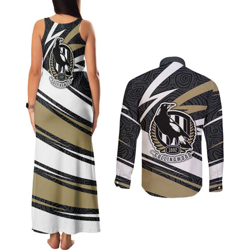 Collingwood Magpies Australian Football Couples Matching Tank Maxi Dress and Long Sleeve Button Shirt Iconic Bird Mascot With Indigenous Pattern Art