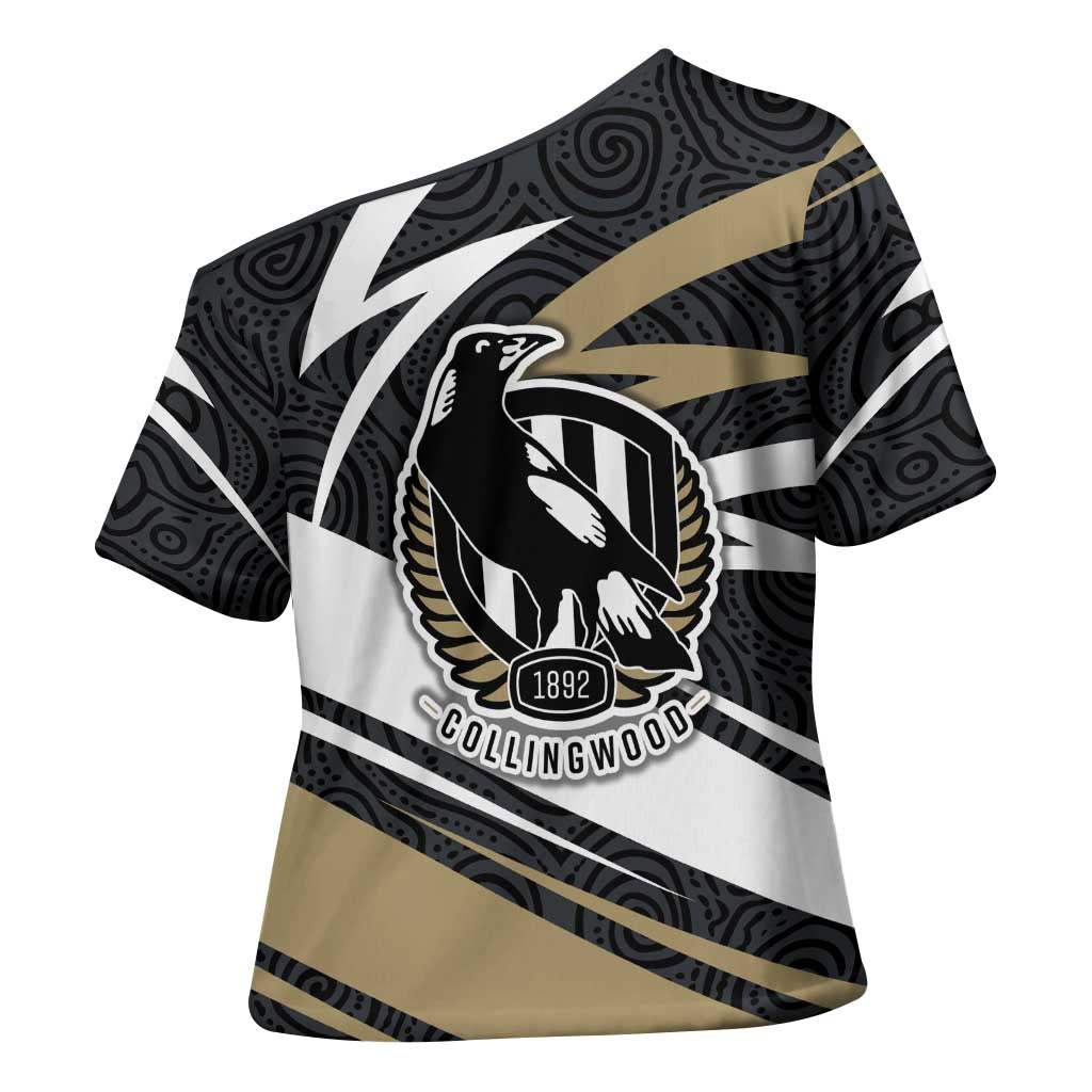 Collingwood Magpies Australian Football Cross Shoulder Shirt Iconic Bird Mascot With Indigenous Pattern Art