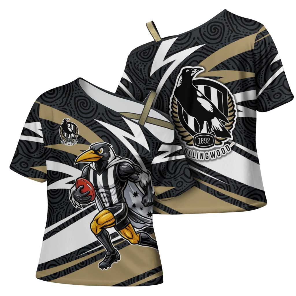 Collingwood Magpies Australian Football Cross Shoulder Shirt Iconic Bird Mascot With Indigenous Pattern Art
