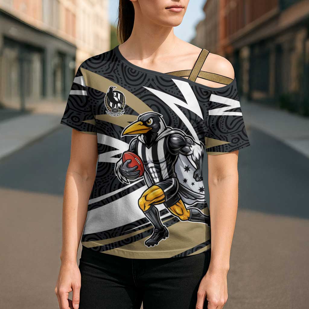 Collingwood Magpies Australian Football Cross Shoulder Shirt Iconic Bird Mascot With Indigenous Pattern Art