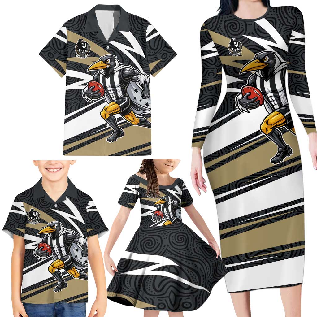 Collingwood Magpies Australian Football Family Matching Long Sleeve Bodycon Dress and Hawaiian Shirt Iconic Bird Mascot With Indigenous Pattern Art