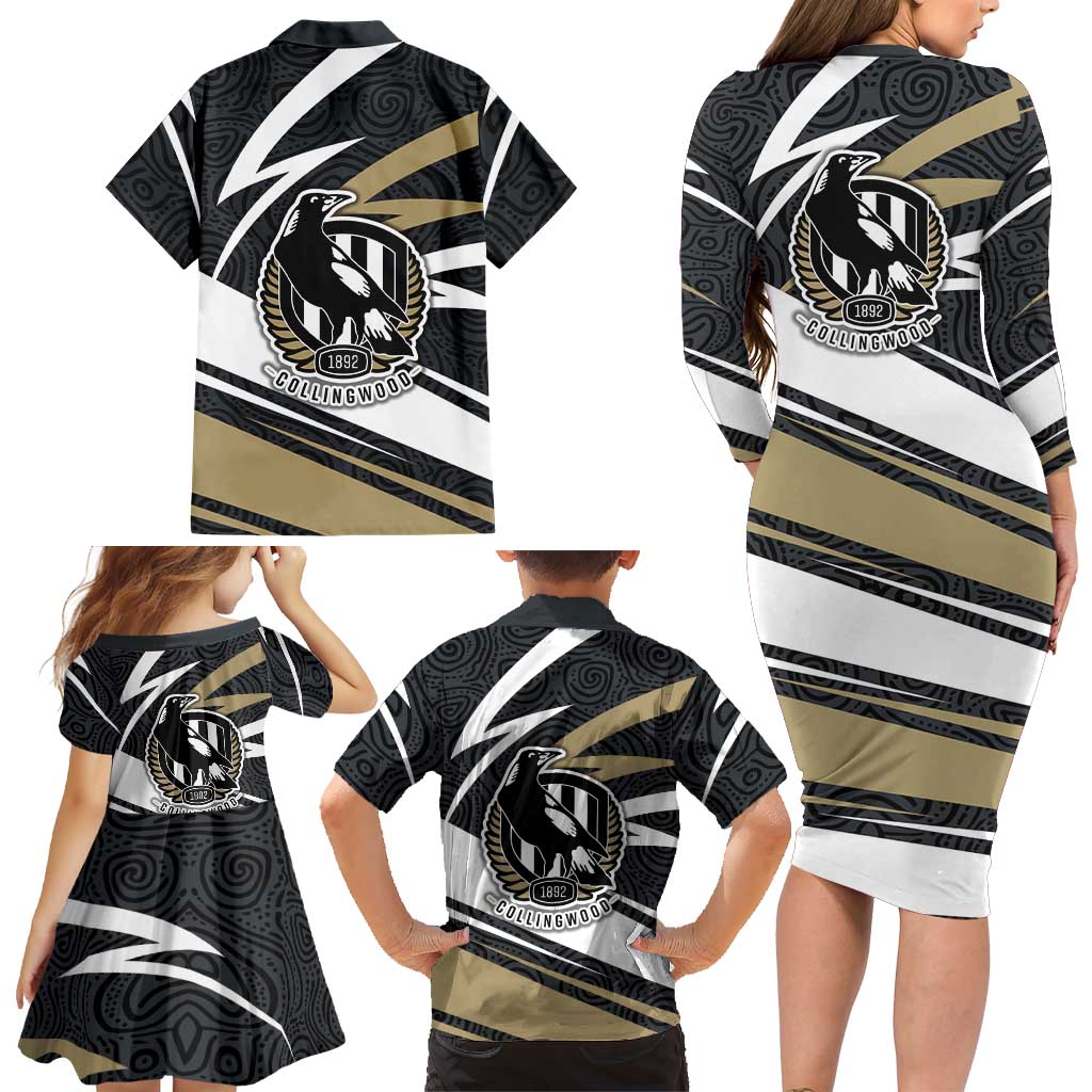 Collingwood Magpies Australian Football Family Matching Long Sleeve Bodycon Dress and Hawaiian Shirt Iconic Bird Mascot With Indigenous Pattern Art