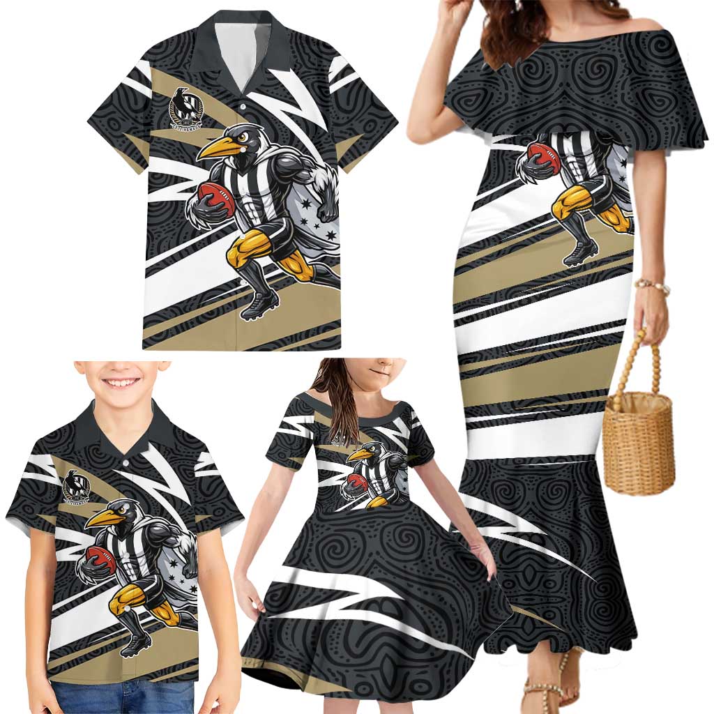 Collingwood Magpies Australian Football Family Matching Mermaid Dress and Hawaiian Shirt Iconic Bird Mascot With Indigenous Pattern Art