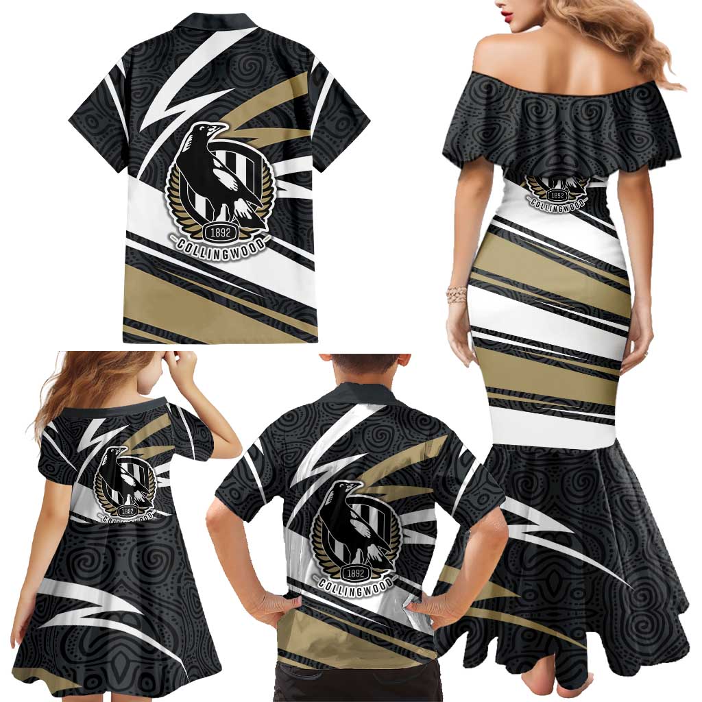 Collingwood Magpies Australian Football Family Matching Mermaid Dress and Hawaiian Shirt Iconic Bird Mascot With Indigenous Pattern Art