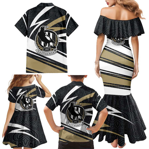 Collingwood Magpies Australian Football Family Matching Mermaid Dress and Hawaiian Shirt Iconic Bird Mascot With Indigenous Pattern Art