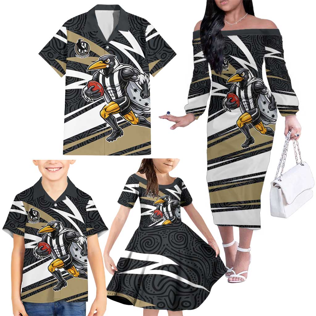 Collingwood Magpies Australian Football Family Matching Off The Shoulder Long Sleeve Dress and Hawaiian Shirt Iconic Bird Mascot With Indigenous Pattern Art