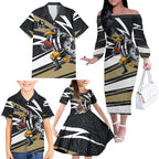 Collingwood Magpies Australian Football Family Matching Off The Shoulder Long Sleeve Dress and Hawaiian Shirt Iconic Bird Mascot With Indigenous Pattern Art