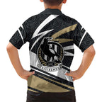Collingwood Magpies Australian Football Family Matching Off The Shoulder Long Sleeve Dress and Hawaiian Shirt Iconic Bird Mascot With Indigenous Pattern Art