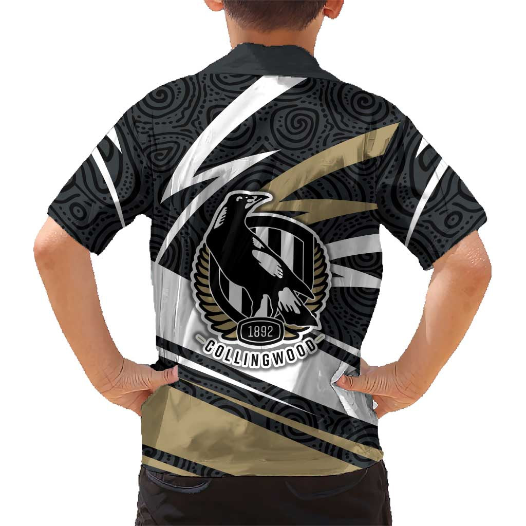 Collingwood Magpies Australian Football Family Matching Off The Shoulder Long Sleeve Dress and Hawaiian Shirt Iconic Bird Mascot With Indigenous Pattern Art