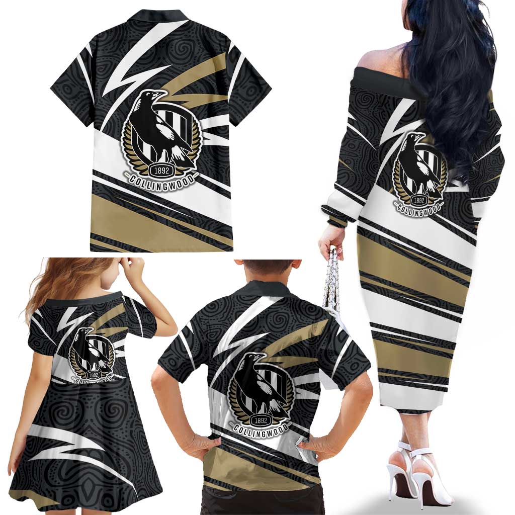 Collingwood Magpies Australian Football Family Matching Off The Shoulder Long Sleeve Dress and Hawaiian Shirt Iconic Bird Mascot With Indigenous Pattern Art
