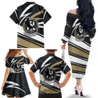 Collingwood Magpies Australian Football Family Matching Off The Shoulder Long Sleeve Dress and Hawaiian Shirt Iconic Bird Mascot With Indigenous Pattern Art