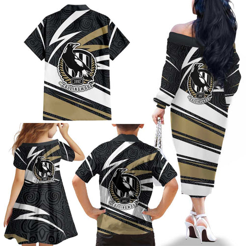 Collingwood Magpies Australian Football Family Matching Off The Shoulder Long Sleeve Dress and Hawaiian Shirt Iconic Bird Mascot With Indigenous Pattern Art