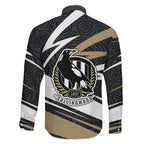 Collingwood Magpies Australian Football Family Matching Off The Shoulder Long Sleeve Dress and Hawaiian Shirt Iconic Bird Mascot With Indigenous Pattern Art