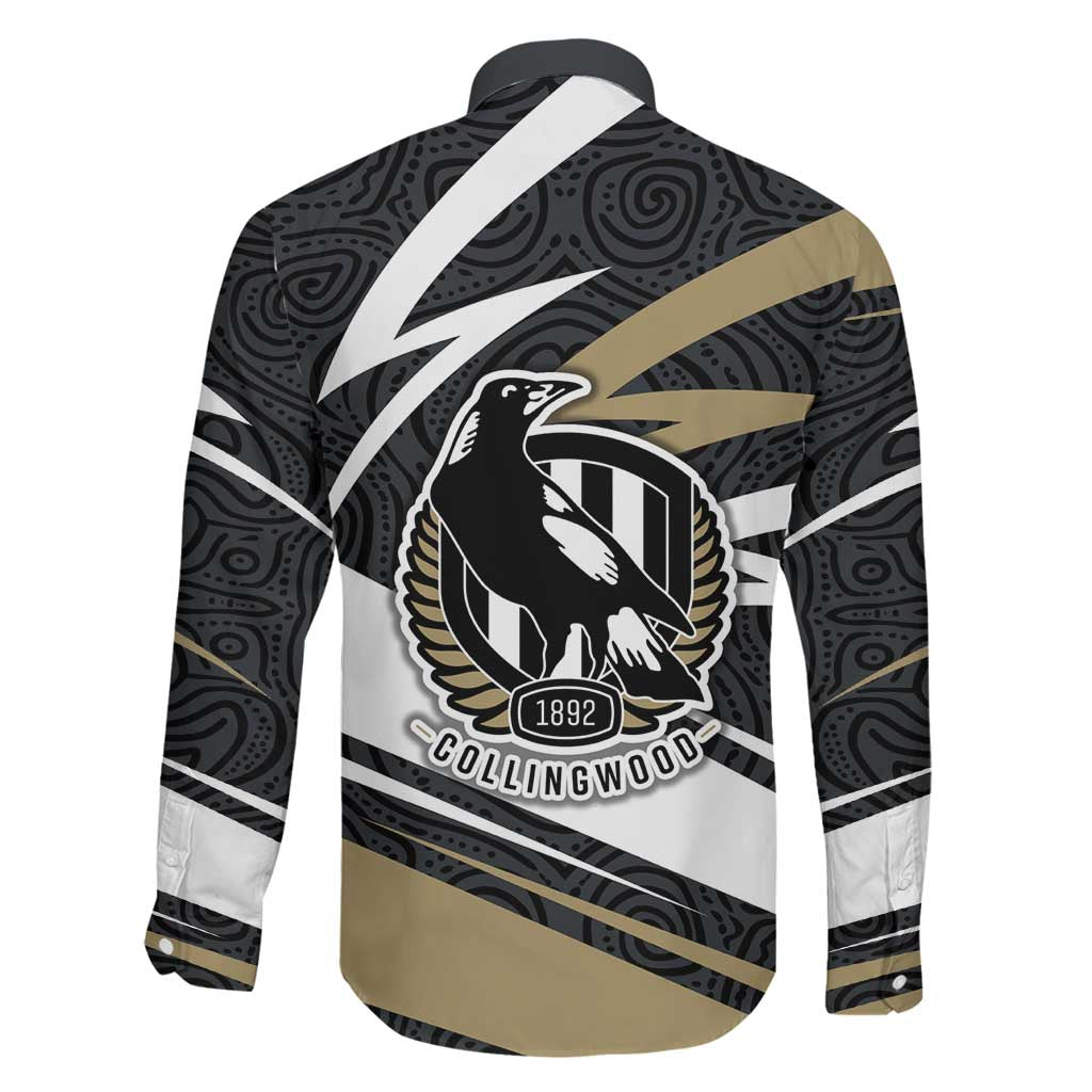 Collingwood Magpies Australian Football Family Matching Off The Shoulder Long Sleeve Dress and Hawaiian Shirt Iconic Bird Mascot With Indigenous Pattern Art