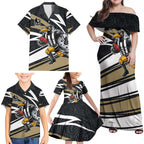 Collingwood Magpies Australian Football Family Matching Off Shoulder Maxi Dress and Hawaiian Shirt Iconic Bird Mascot With Indigenous Pattern Art