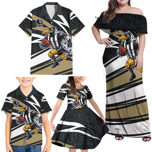 Collingwood Magpies Australian Football Family Matching Off Shoulder Maxi Dress and Hawaiian Shirt Iconic Bird Mascot With Indigenous Pattern Art
