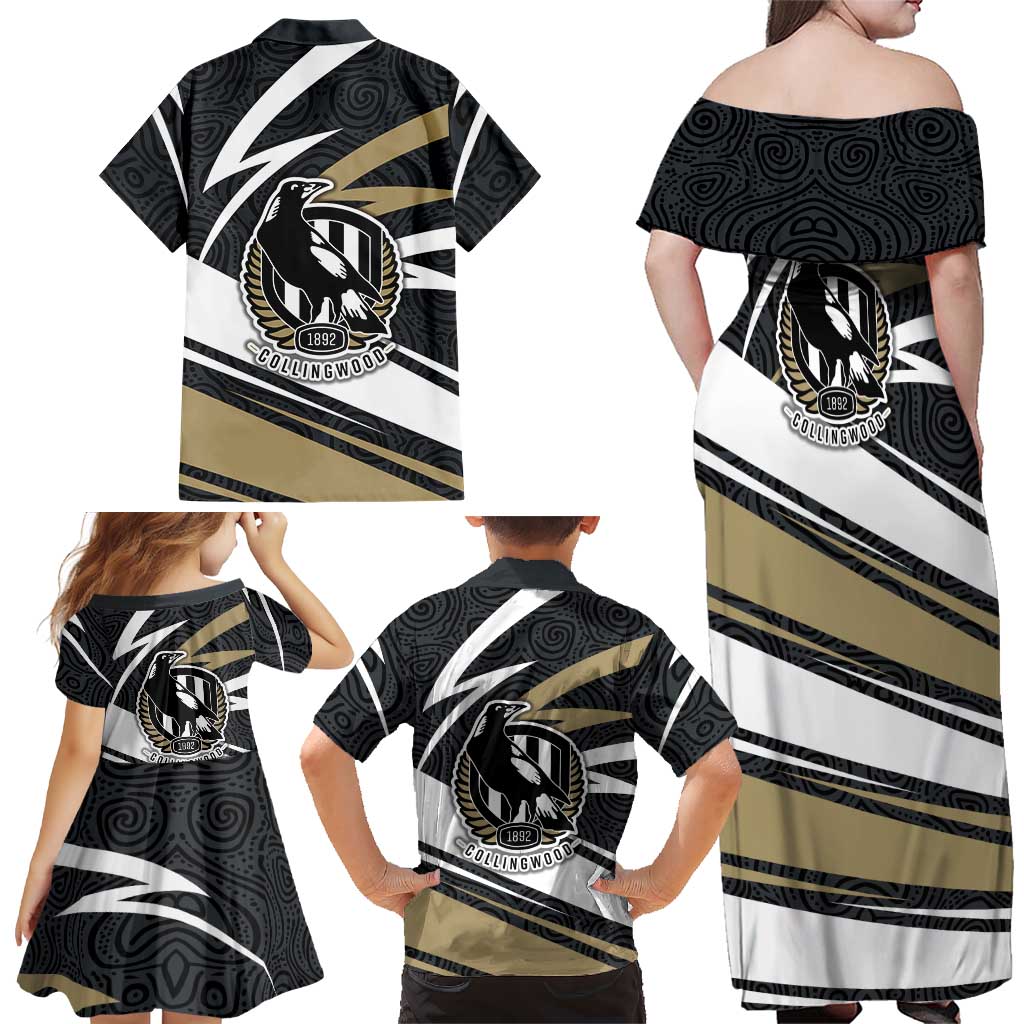 Collingwood Magpies Australian Football Family Matching Off Shoulder Maxi Dress and Hawaiian Shirt Iconic Bird Mascot With Indigenous Pattern Art