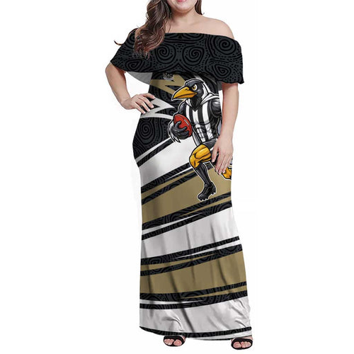 Collingwood Magpies Australian Football Family Matching Off Shoulder Maxi Dress and Hawaiian Shirt Iconic Bird Mascot With Indigenous Pattern Art